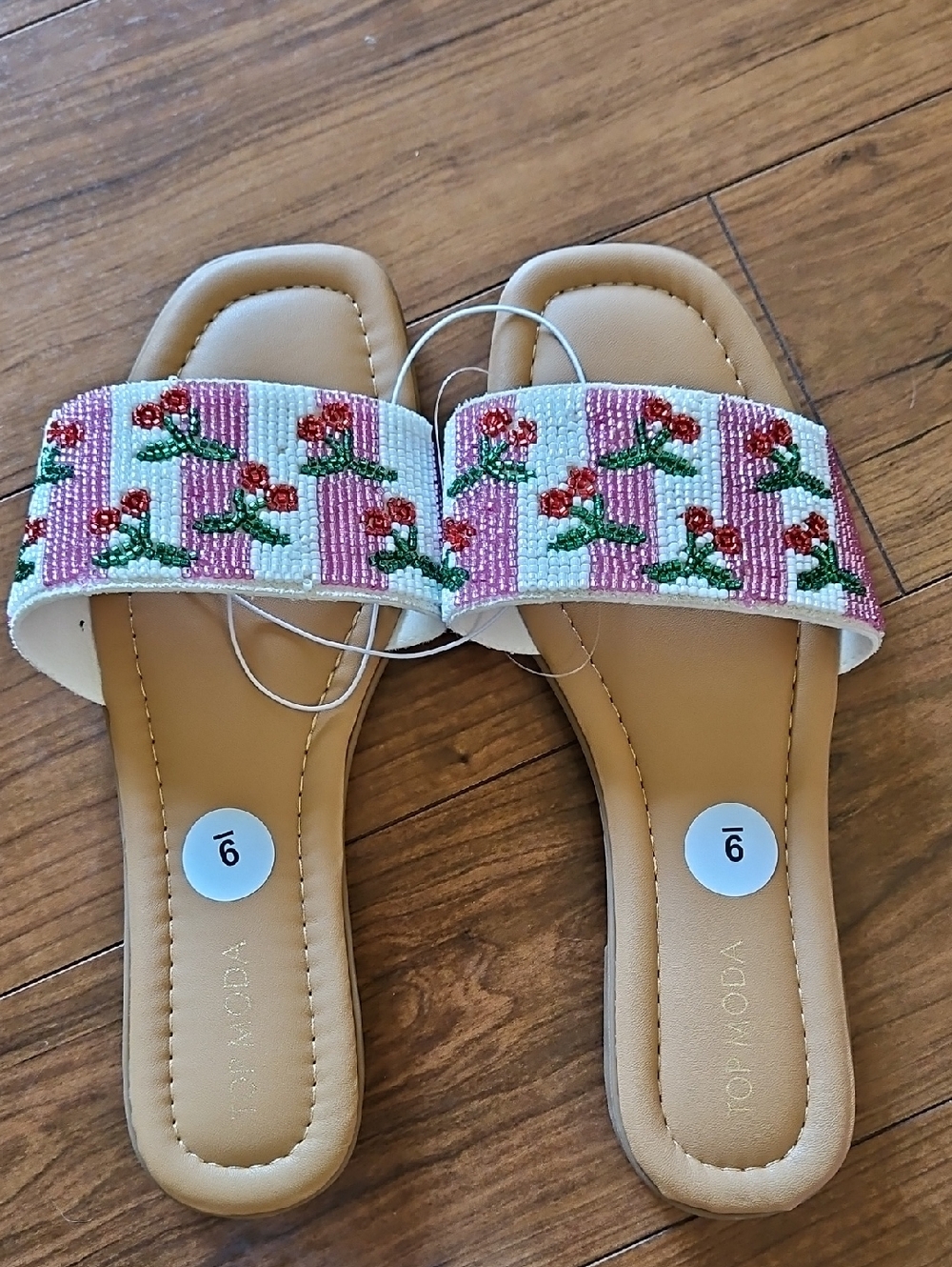 Top Moda Cherry Beaded Slide Sandals in Pink and White Size 9!